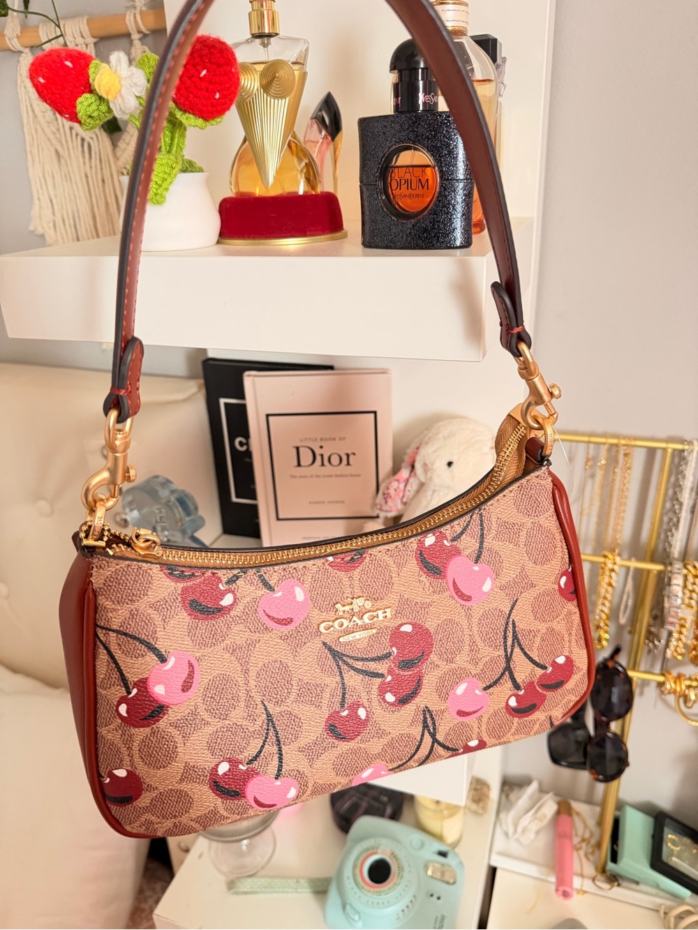 Coach Teri Cherry-Print Logo Shoulder Bag in Brown/Pink